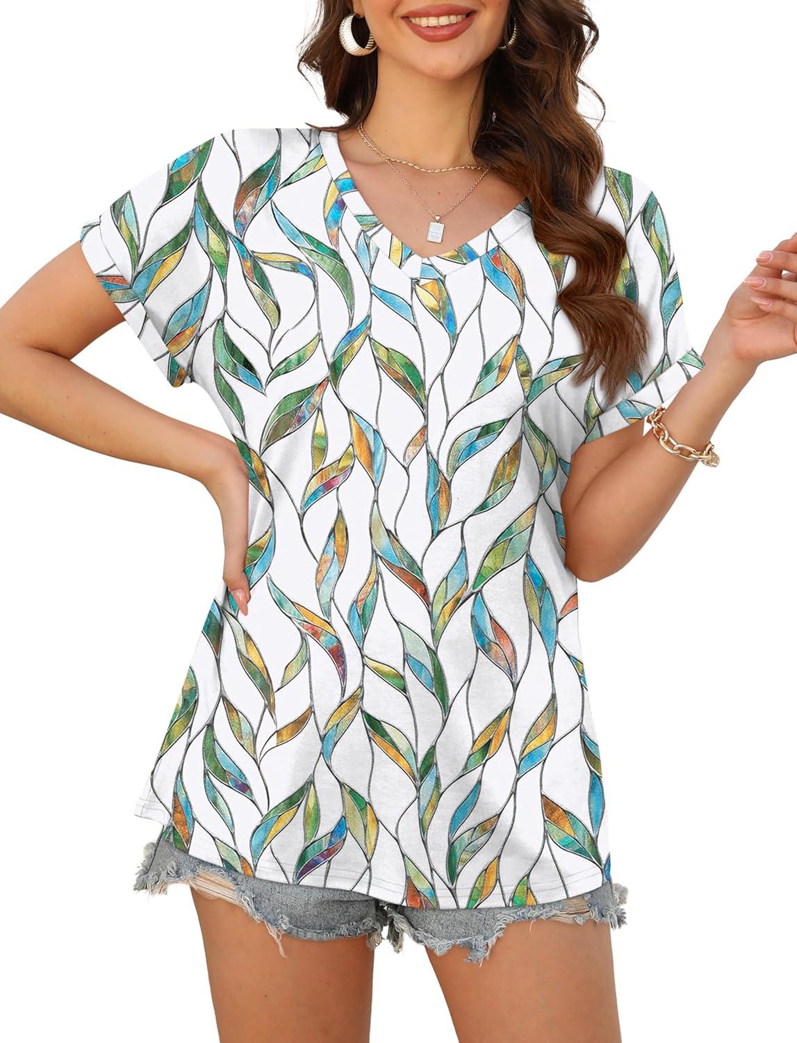 imageXIEERDUO Womens Summer Tops Short Sleeve Shirts Casual V Neck T Shirt Loose Fit ComfyHgreen Floral