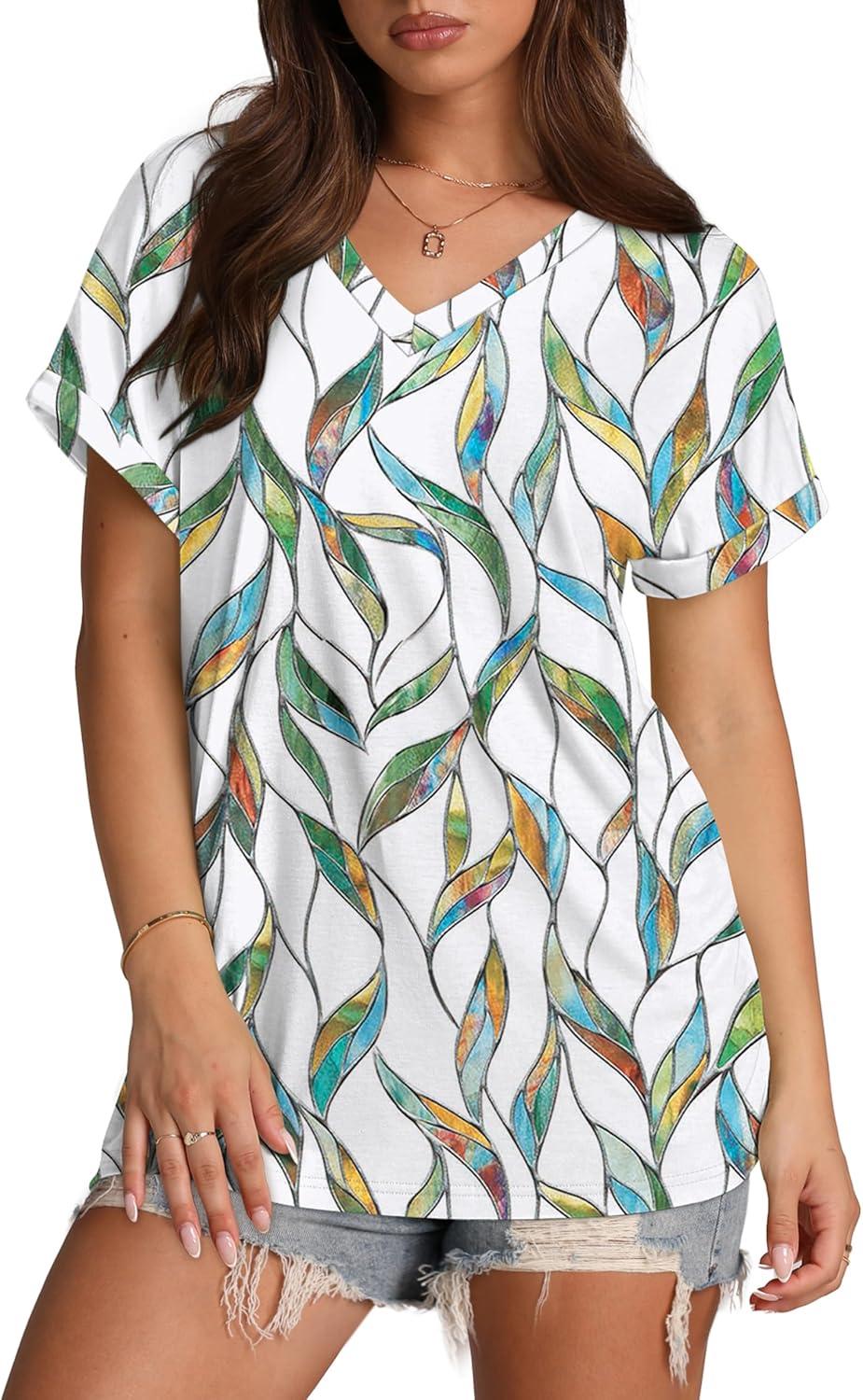 imageXIEERDUO Womens Summer Tops Short Sleeve Shirts Casual V Neck T Shirt Loose Fit ComfyHgreen Floral