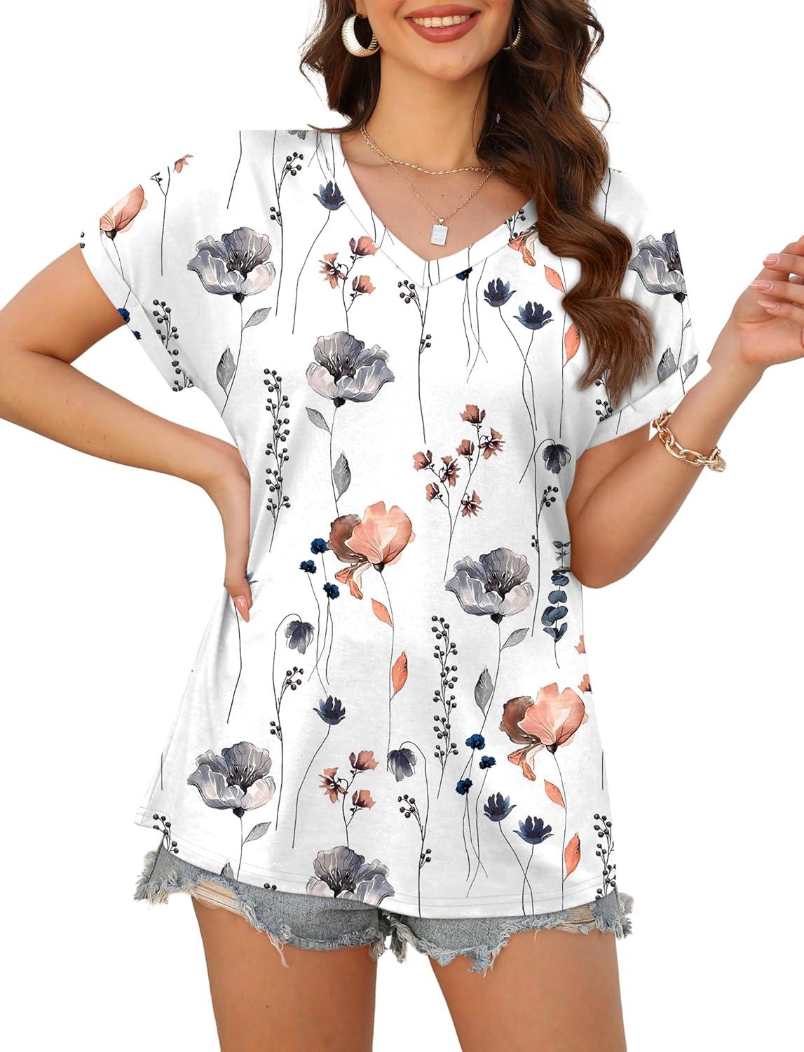 imageXIEERDUO Womens Summer Tops Short Sleeve Shirts Casual V Neck T Shirt Loose Fit ComfyInk Floral