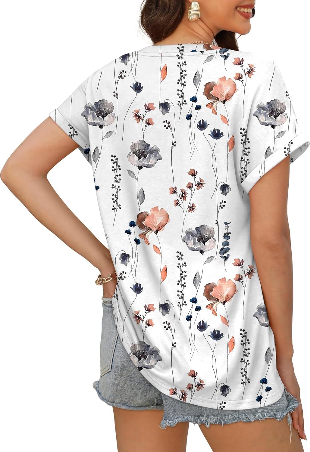 imageXIEERDUO Womens Summer Tops Short Sleeve Shirts Casual V Neck T Shirt Loose Fit ComfyInk Floral