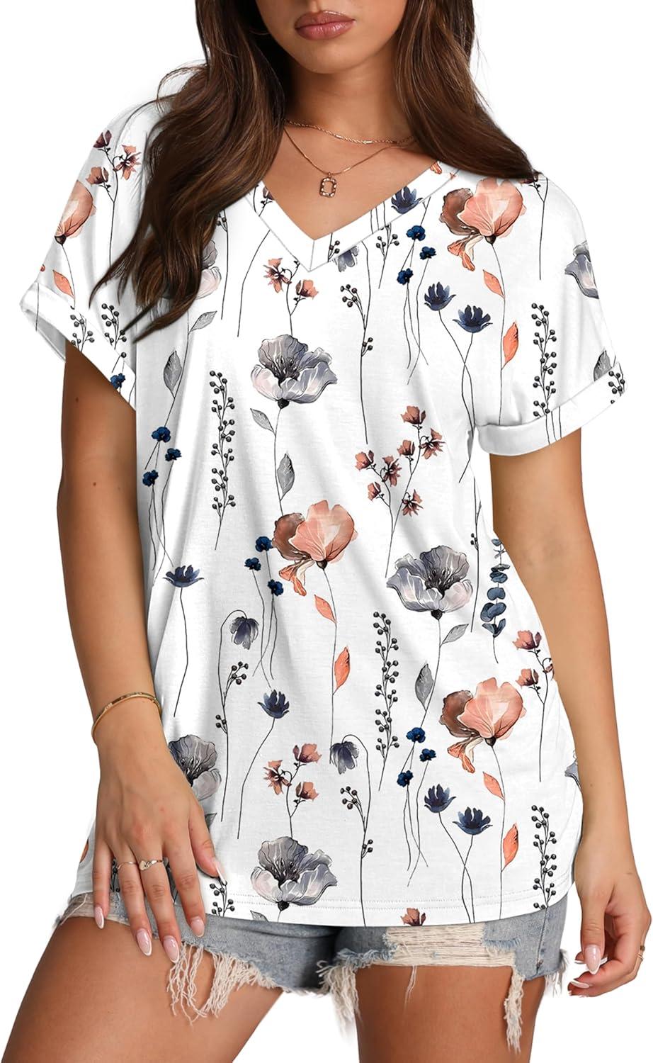 imageXIEERDUO Womens Summer Tops Short Sleeve Shirts Casual V Neck T Shirt Loose Fit ComfyInk Floral
