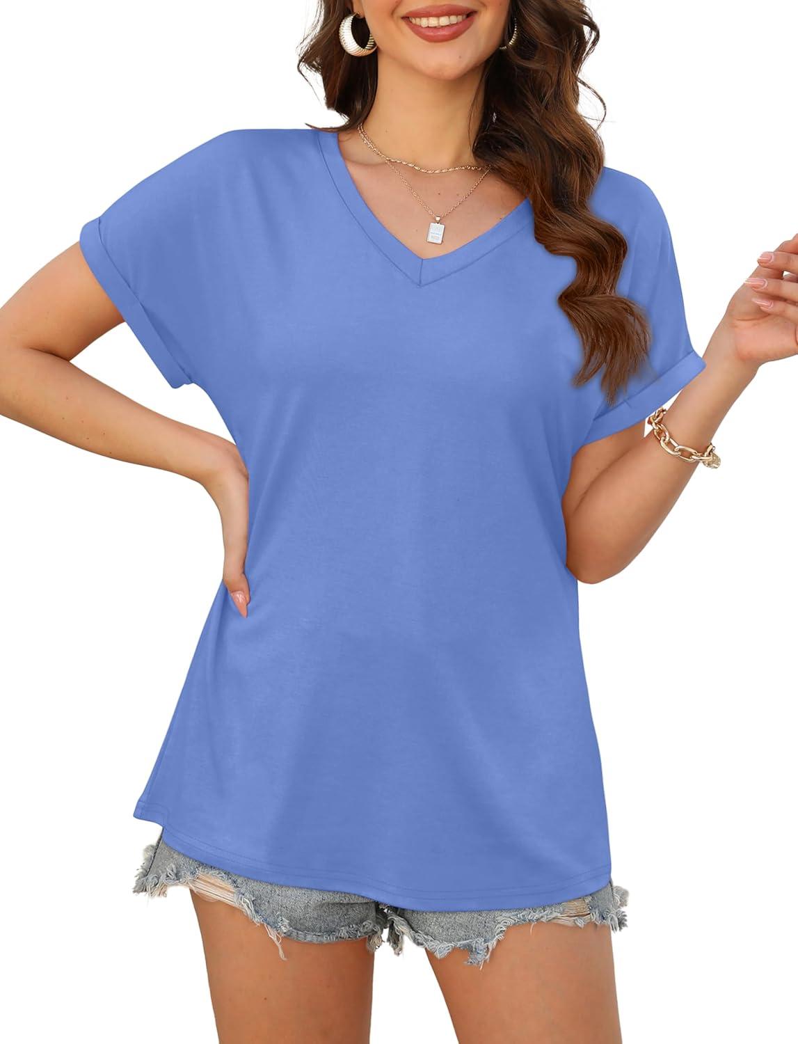 imageXIEERDUO Womens Summer Tops Short Sleeve Shirts Casual V Neck T Shirt Loose Fit ComfyLight Blue
