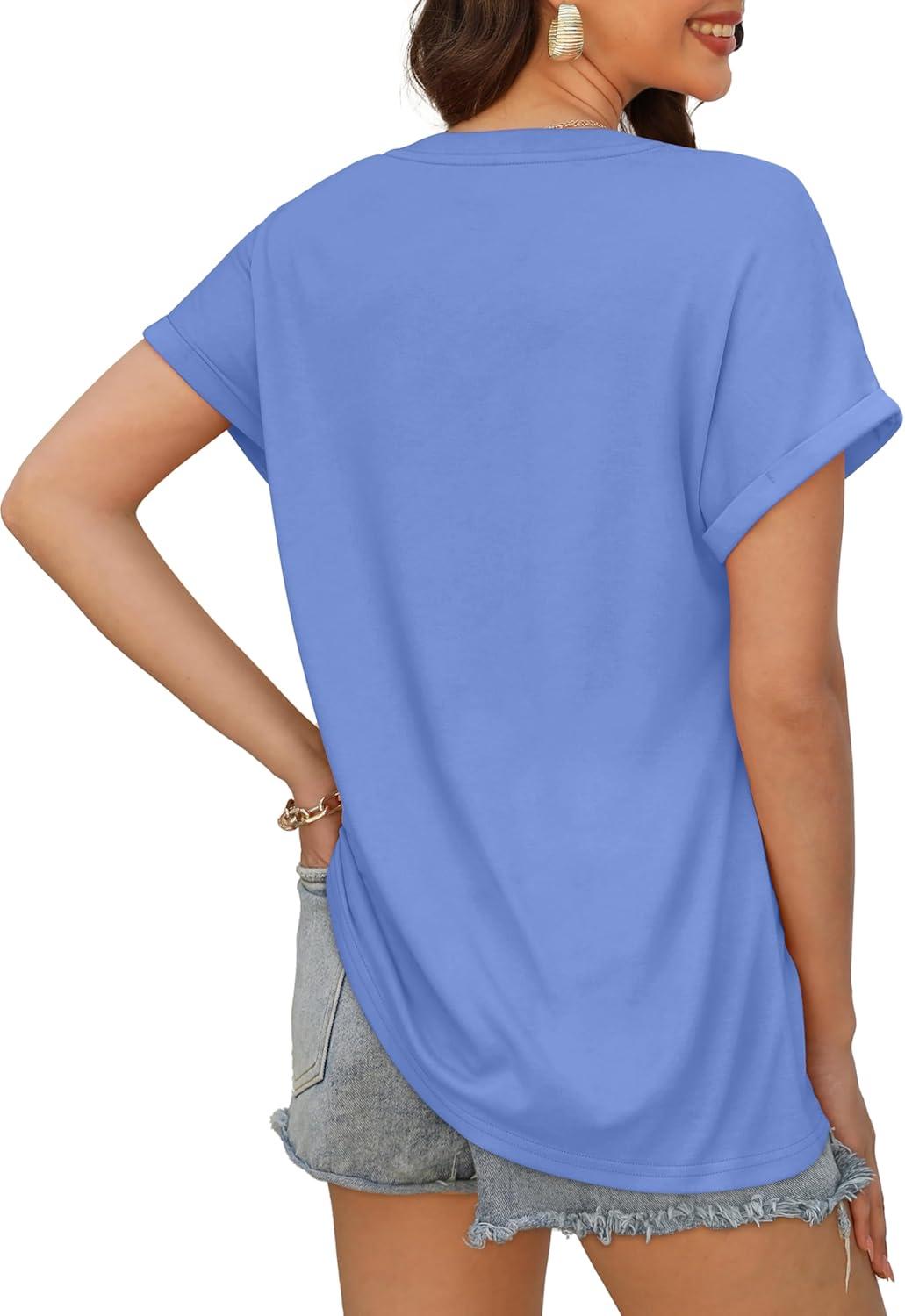 imageXIEERDUO Womens Summer Tops Short Sleeve Shirts Casual V Neck T Shirt Loose Fit ComfyLight Blue
