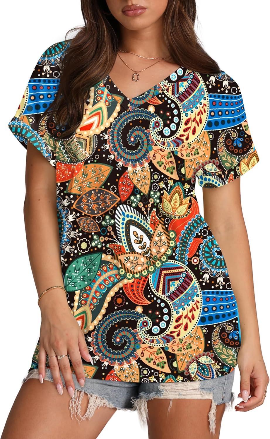 imageXIEERDUO Womens Summer Tops Short Sleeve Shirts Casual V Neck T Shirt Loose Fit ComfyMulticolor Printing