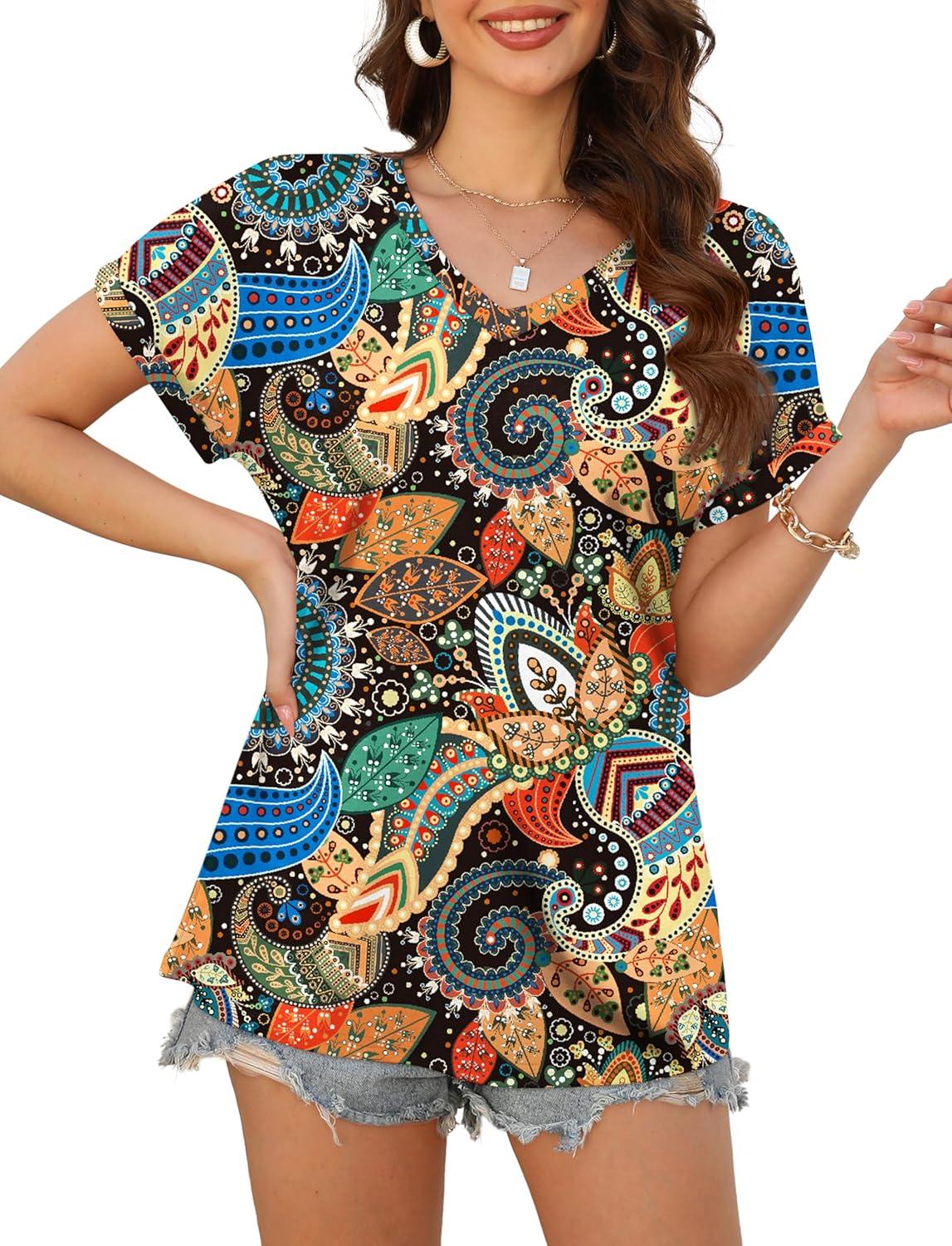 imageXIEERDUO Womens Summer Tops Short Sleeve Shirts Casual V Neck T Shirt Loose Fit ComfyMulticolor Printing