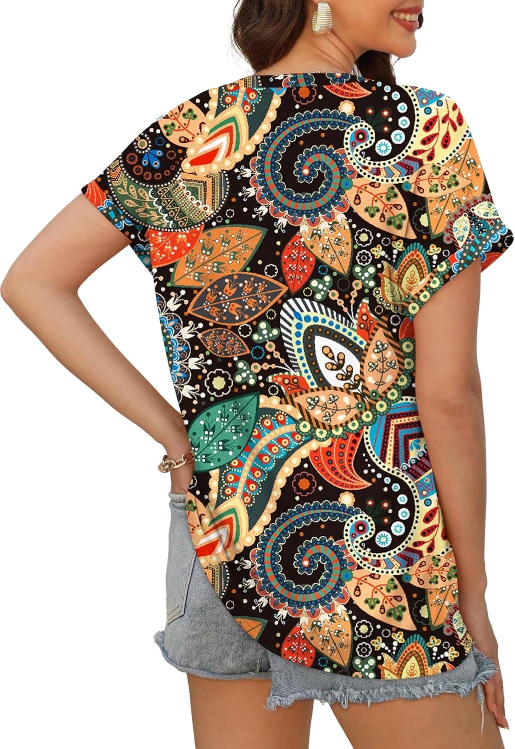 imageXIEERDUO Womens Summer Tops Short Sleeve Shirts Casual V Neck T Shirt Loose Fit ComfyMulticolor Printing