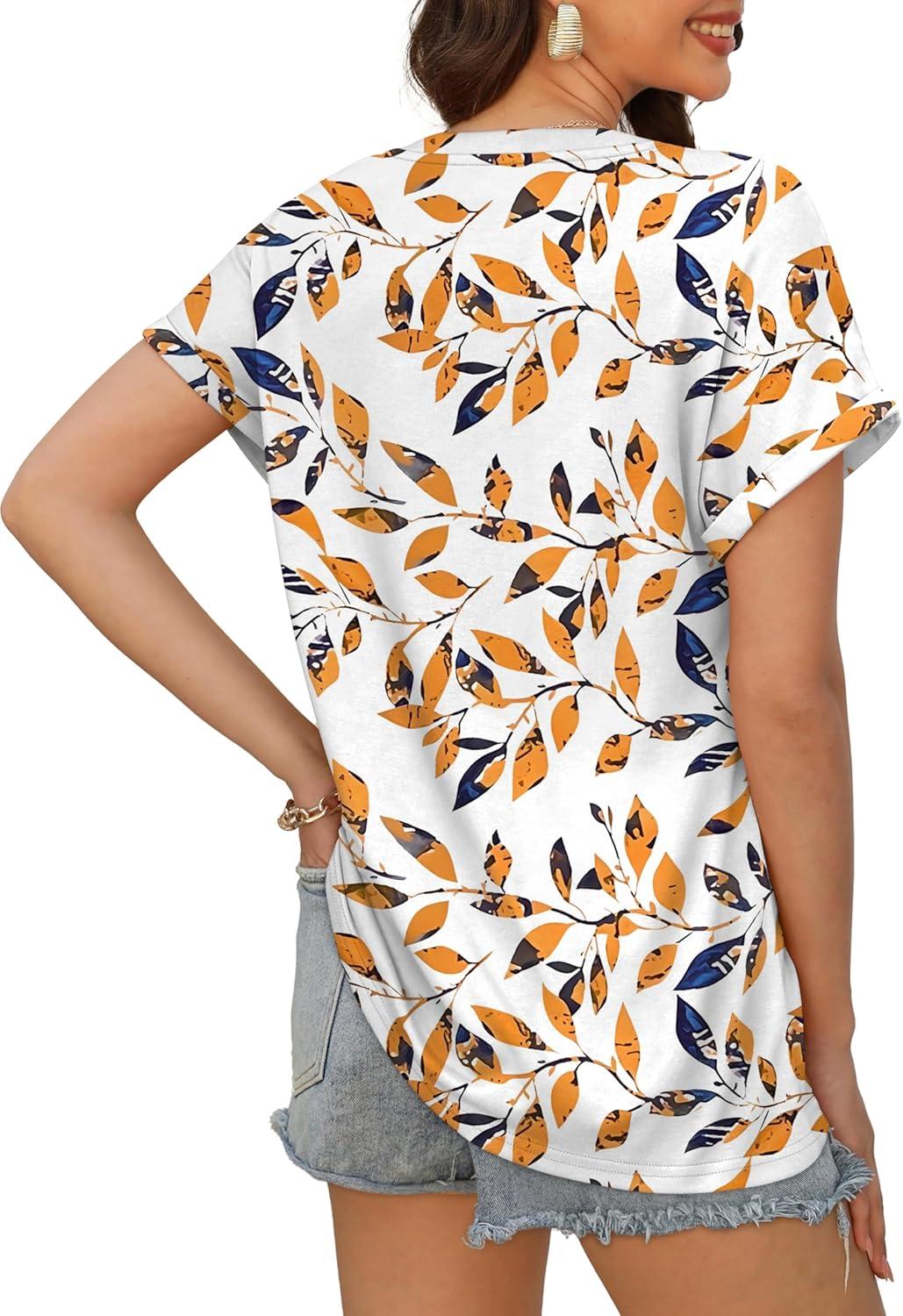 imageXIEERDUO Womens Summer Tops Short Sleeve Shirts Casual V Neck T Shirt Loose Fit ComfyOrange Floral