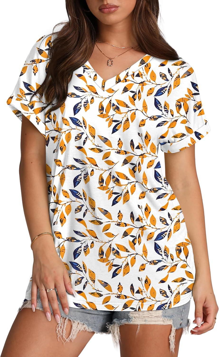 imageXIEERDUO Womens Summer Tops Short Sleeve Shirts Casual V Neck T Shirt Loose Fit ComfyOrange Floral