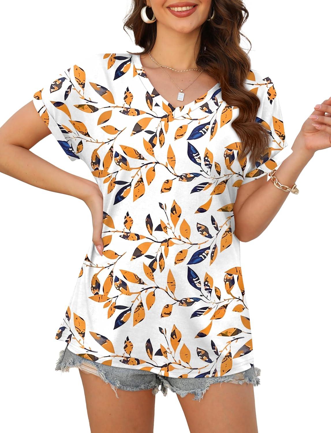 imageXIEERDUO Womens Summer Tops Short Sleeve Shirts Casual V Neck T Shirt Loose Fit ComfyOrange Floral