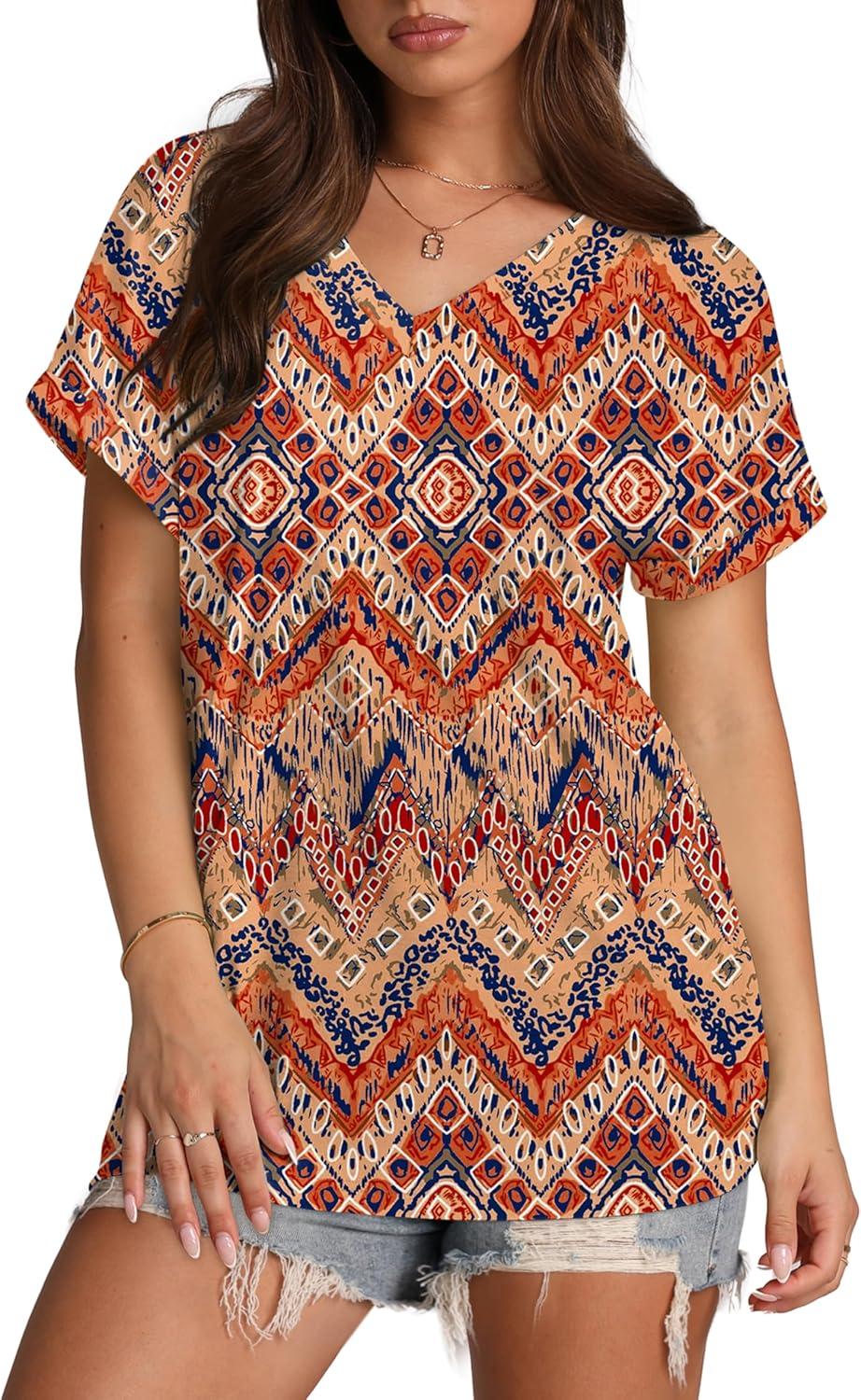 imageXIEERDUO Womens Summer Tops Short Sleeve Shirts Casual V Neck T Shirt Loose Fit ComfyPatterned Boho