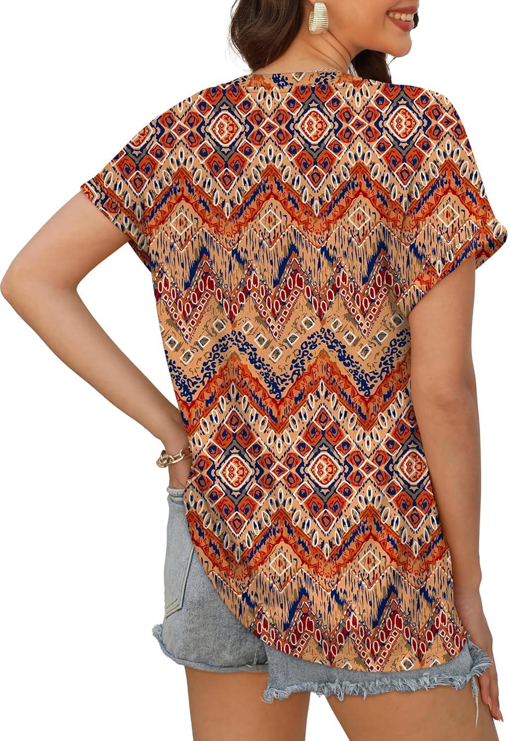 imageXIEERDUO Womens Summer Tops Short Sleeve Shirts Casual V Neck T Shirt Loose Fit ComfyPatterned Boho