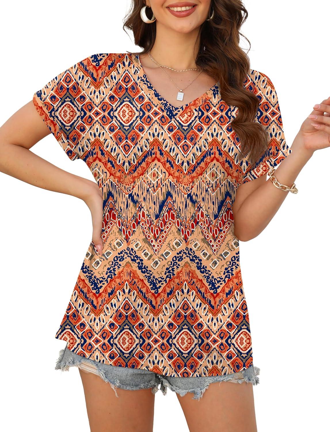 imageXIEERDUO Womens Summer Tops Short Sleeve Shirts Casual V Neck T Shirt Loose Fit ComfyPatterned Boho