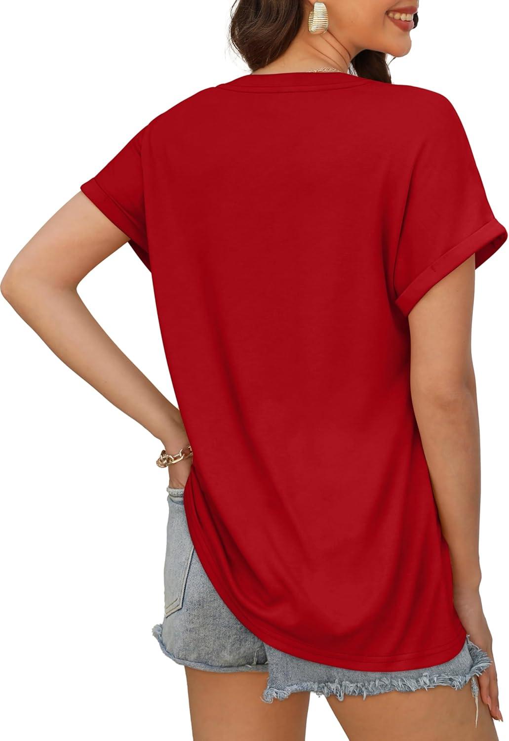 imageXIEERDUO Womens Summer Tops Short Sleeve Shirts Casual V Neck T Shirt Loose Fit ComfyRed
