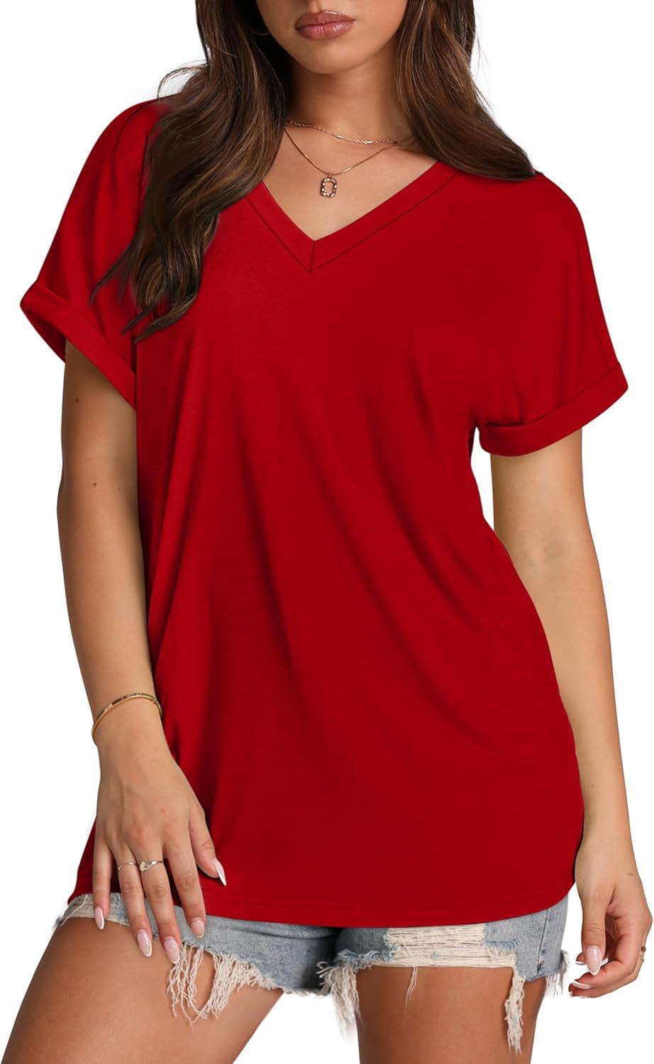 imageXIEERDUO Womens Summer Tops Short Sleeve Shirts Casual V Neck T Shirt Loose Fit ComfyRed