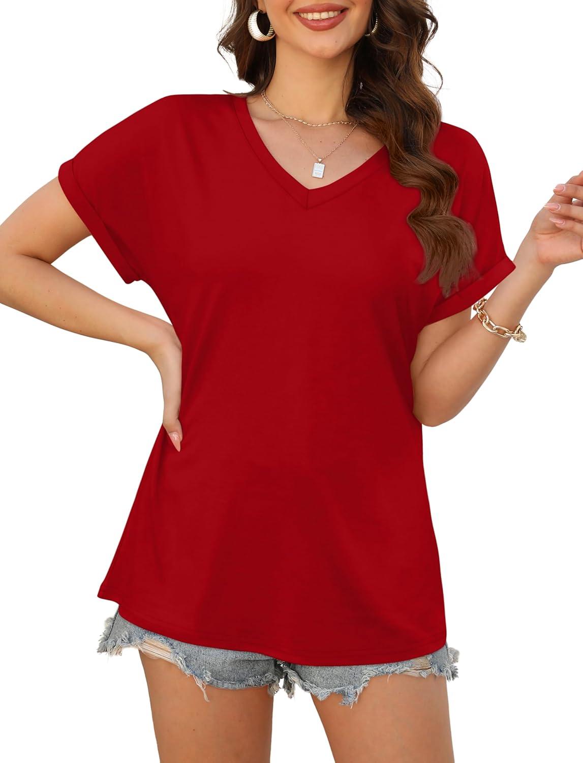 imageXIEERDUO Womens Summer Tops Short Sleeve Shirts Casual V Neck T Shirt Loose Fit ComfyRed