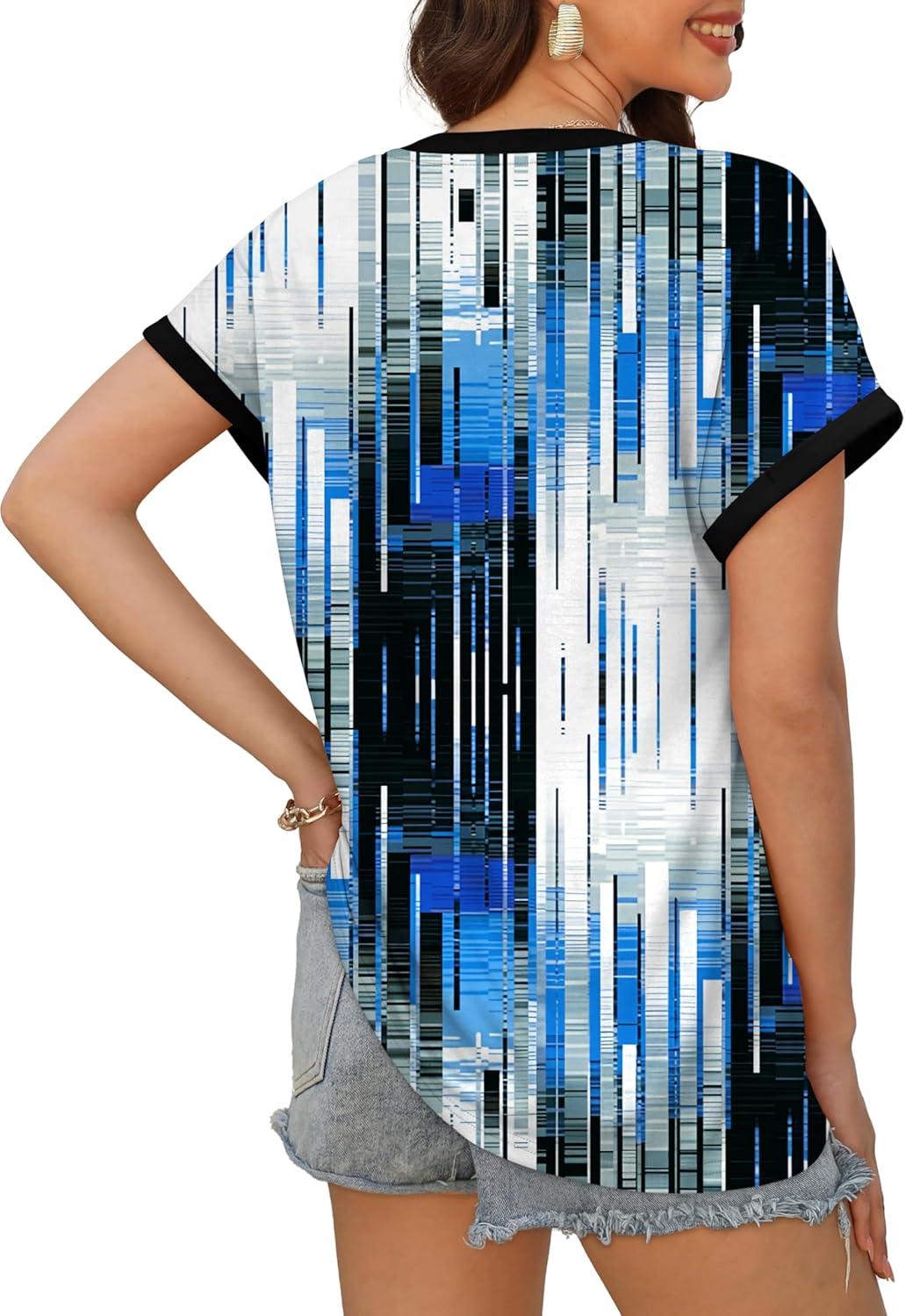 imageXIEERDUO Womens Summer Tops Short Sleeve Shirts Casual V Neck T Shirt Loose Fit ComfyTiedye Blue