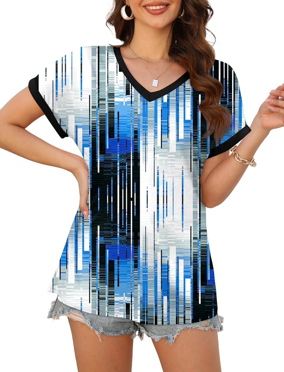 imageXIEERDUO Womens Summer Tops Short Sleeve Shirts Casual V Neck T Shirt Loose Fit ComfyTiedye Blue