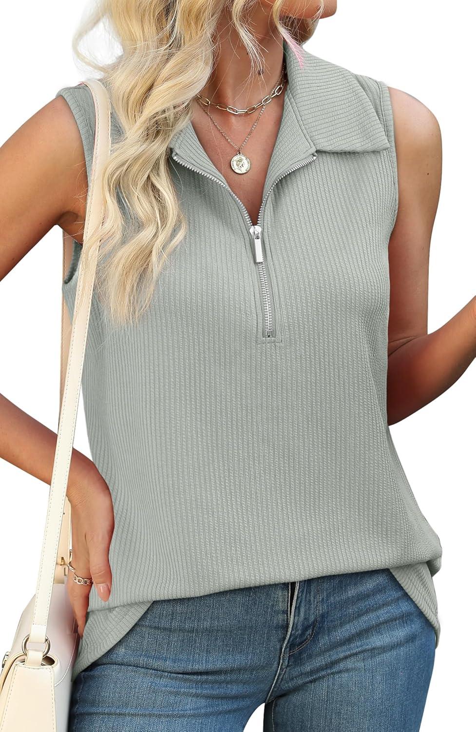 imageXIEERDUO Womens Summer Tops V Neck Collared Shirts Dressy Casual Ribbed Tank Top with Zipper Loose FitA Whitesmock