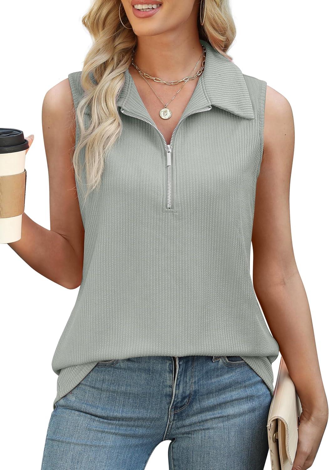 imageXIEERDUO Womens Summer Tops V Neck Collared Shirts Dressy Casual Ribbed Tank Top with Zipper Loose FitA Whitesmock