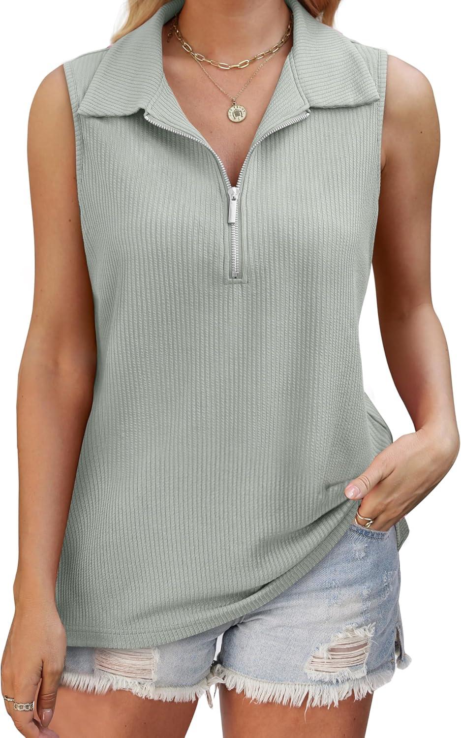 imageXIEERDUO Womens Summer Tops V Neck Collared Shirts Dressy Casual Ribbed Tank Top with Zipper Loose FitA Whitesmock