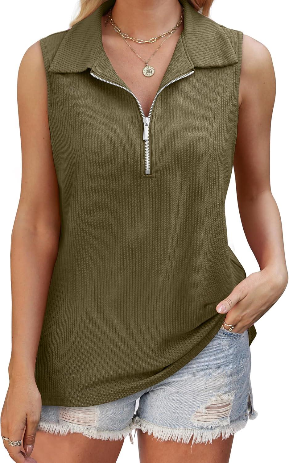 imageXIEERDUO Womens Summer Tops V Neck Collared Shirts Dressy Casual Ribbed Tank Top with Zipper Loose FitArmy Green