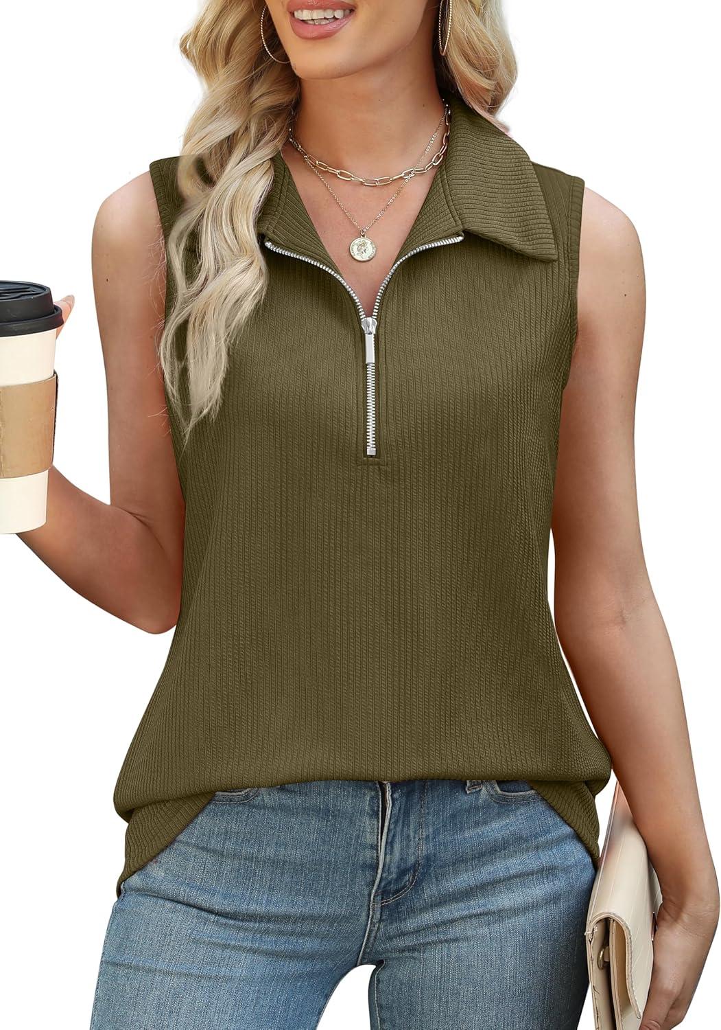 imageXIEERDUO Womens Summer Tops V Neck Collared Shirts Dressy Casual Ribbed Tank Top with Zipper Loose FitArmy Green