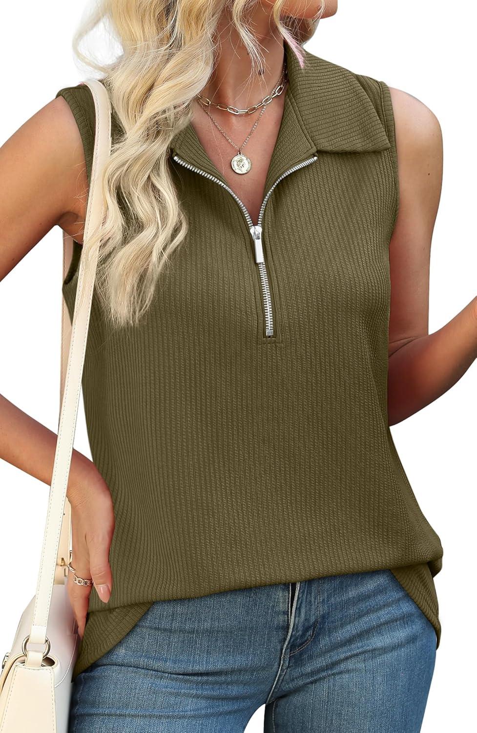 imageXIEERDUO Womens Summer Tops V Neck Collared Shirts Dressy Casual Ribbed Tank Top with Zipper Loose FitArmy Green