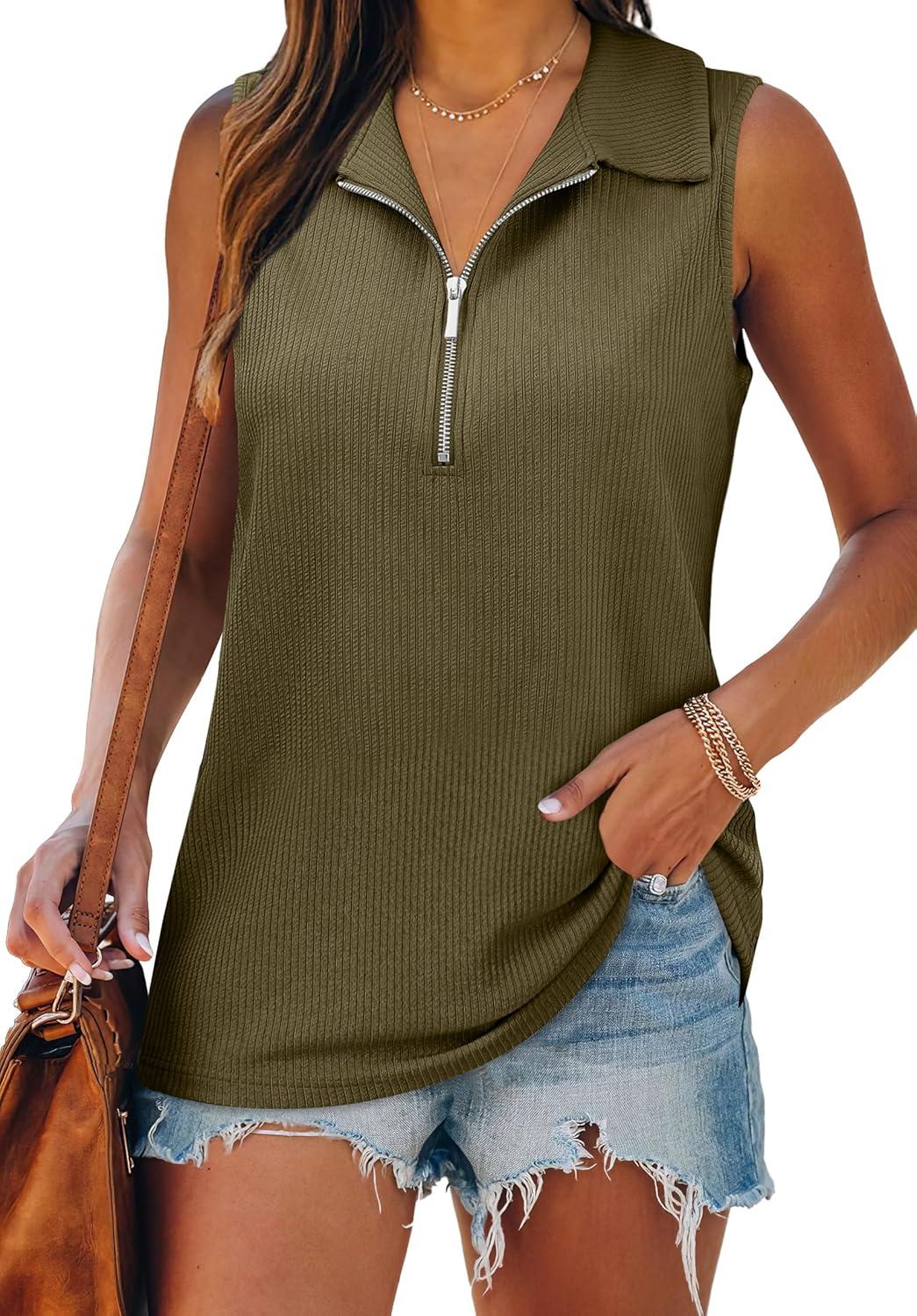 imageXIEERDUO Womens Summer Tops V Neck Collared Shirts Dressy Casual Ribbed Tank Top with Zipper Loose FitArmy Green