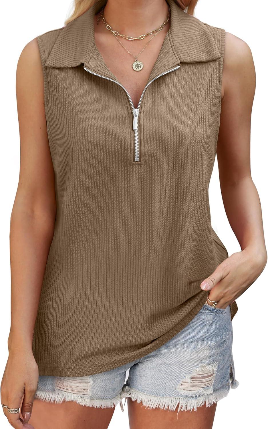 imageXIEERDUO Womens Summer Tops V Neck Collared Shirts Dressy Casual Ribbed Tank Top with Zipper Loose FitCamel