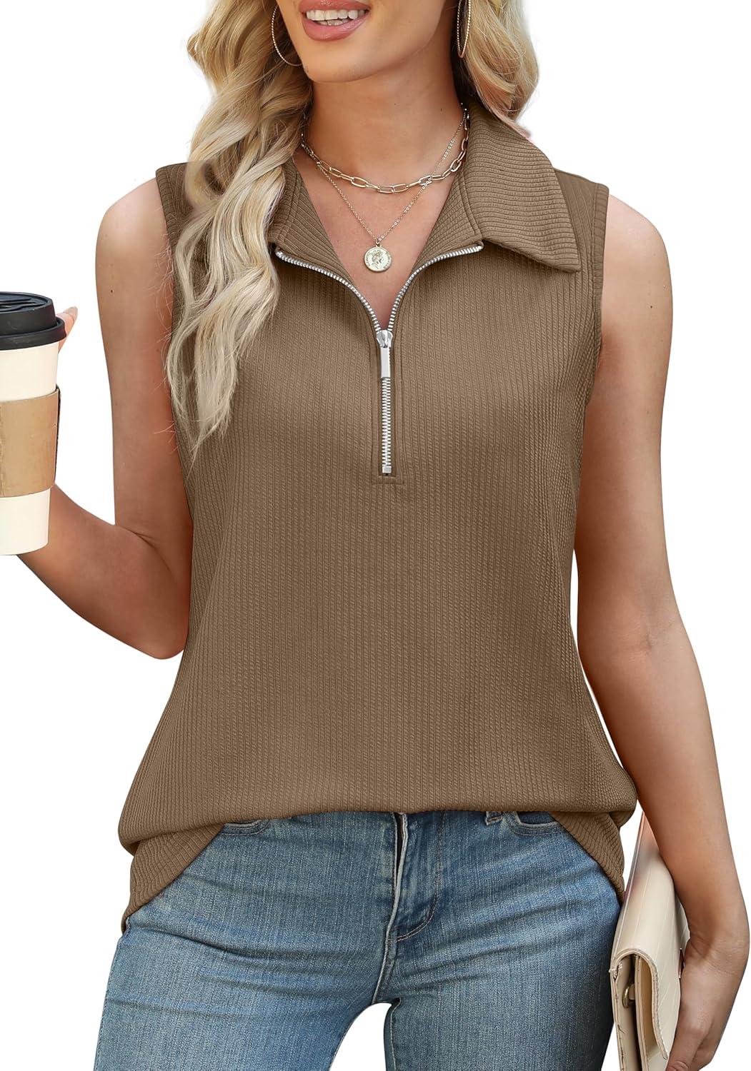 imageXIEERDUO Womens Summer Tops V Neck Collared Shirts Dressy Casual Ribbed Tank Top with Zipper Loose FitCamel