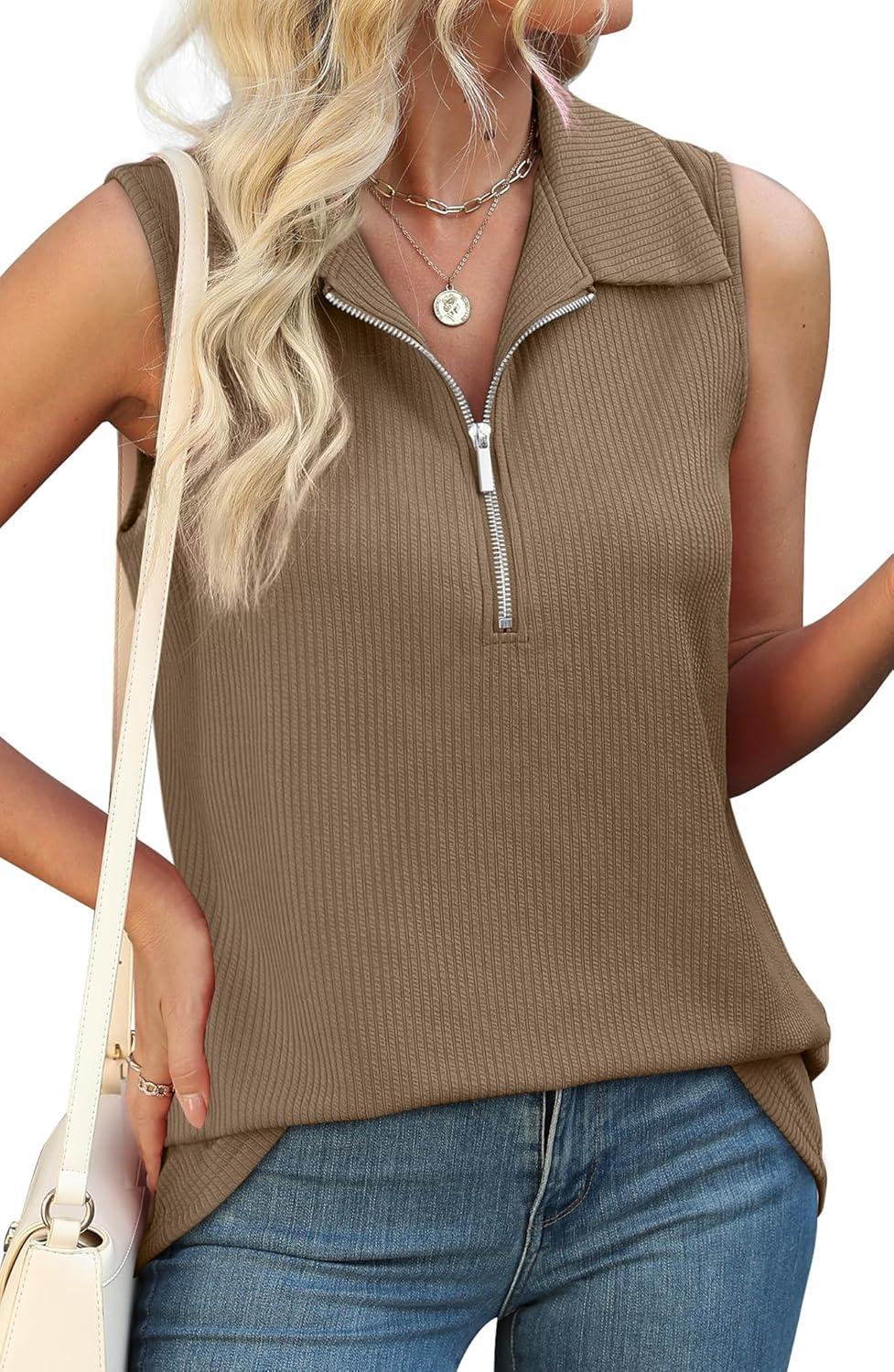 imageXIEERDUO Womens Summer Tops V Neck Collared Shirts Dressy Casual Ribbed Tank Top with Zipper Loose FitCamel
