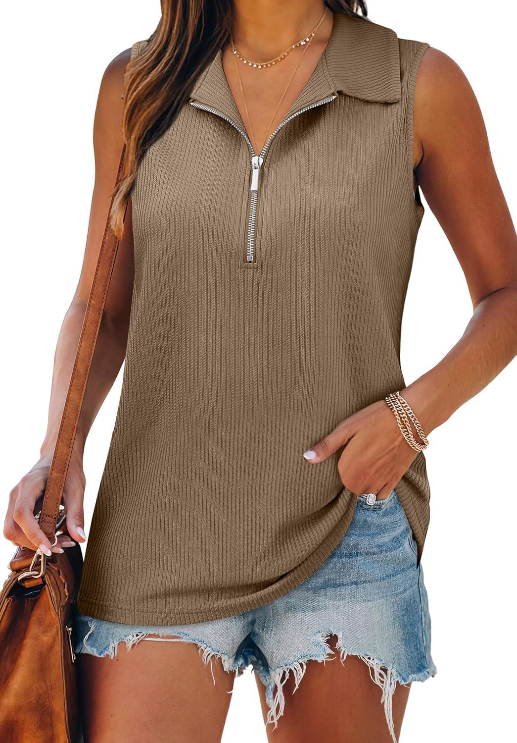 imageXIEERDUO Womens Summer Tops V Neck Collared Shirts Dressy Casual Ribbed Tank Top with Zipper Loose FitCamel