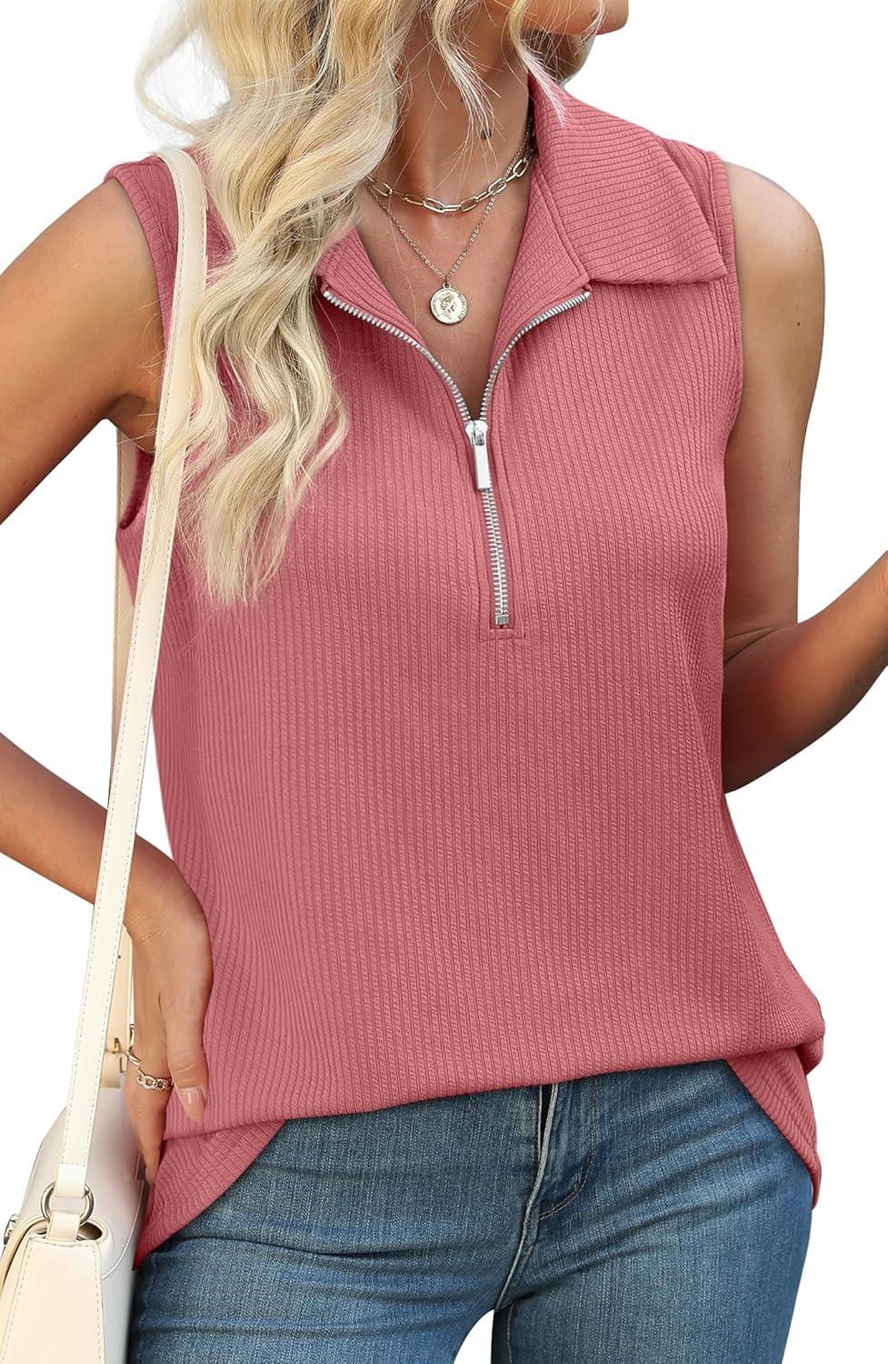 imageXIEERDUO Womens Summer Tops V Neck Collared Shirts Dressy Casual Ribbed Tank Top with Zipper Loose FitCoral