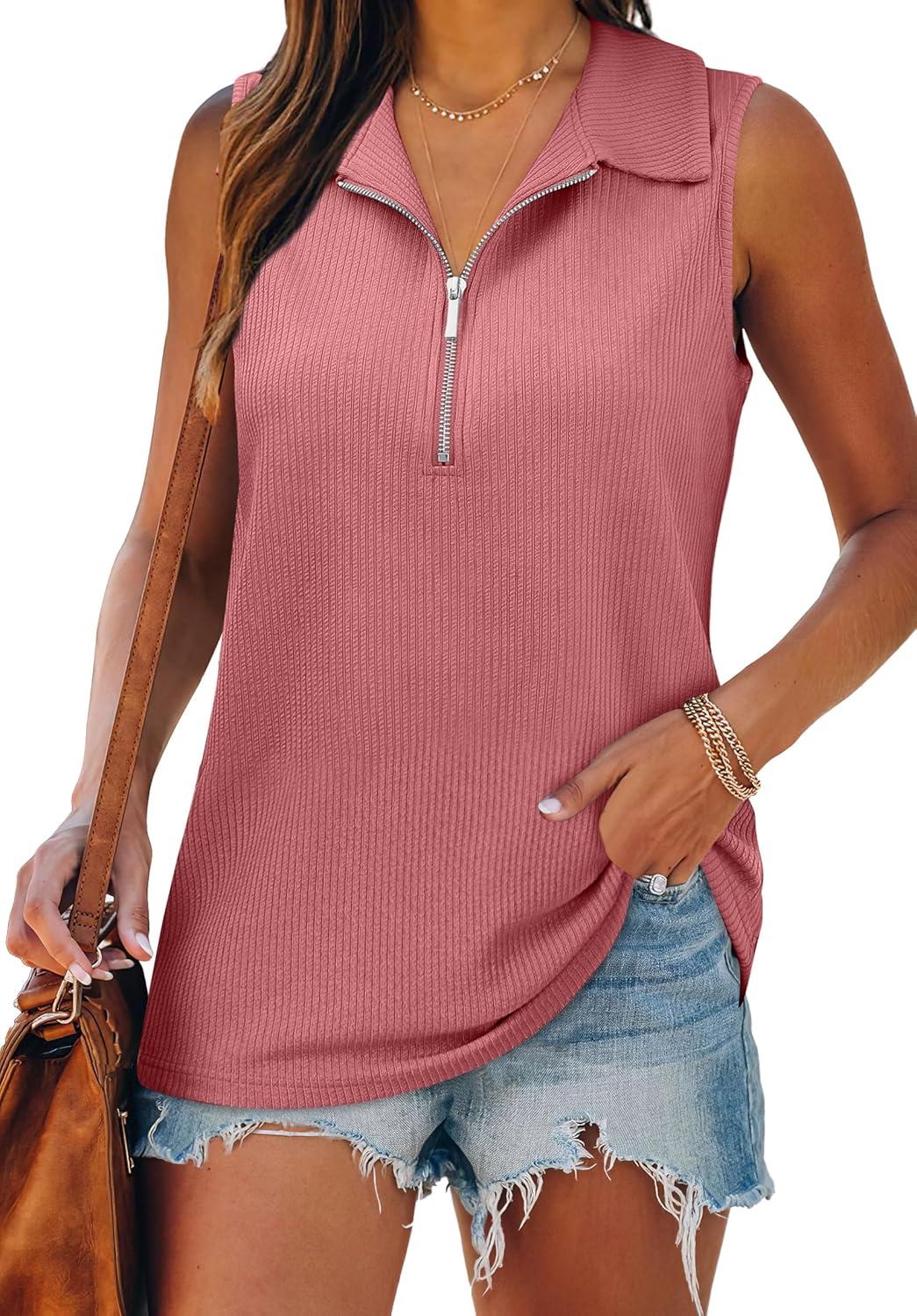 imageXIEERDUO Womens Summer Tops V Neck Collared Shirts Dressy Casual Ribbed Tank Top with Zipper Loose FitCoral