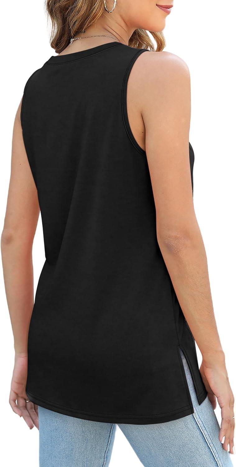 imageXIEERDUO Womens Tank Tops Crewneck Loose Fit Basic Casual Summer Side Split Sleeveless ShirtsAblack