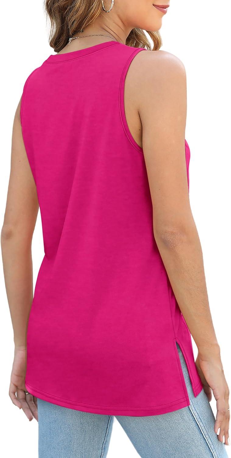 imageXIEERDUO Womens Tank Tops Crewneck Loose Fit Basic Casual Summer Side Split Sleeveless ShirtsBhot Pink