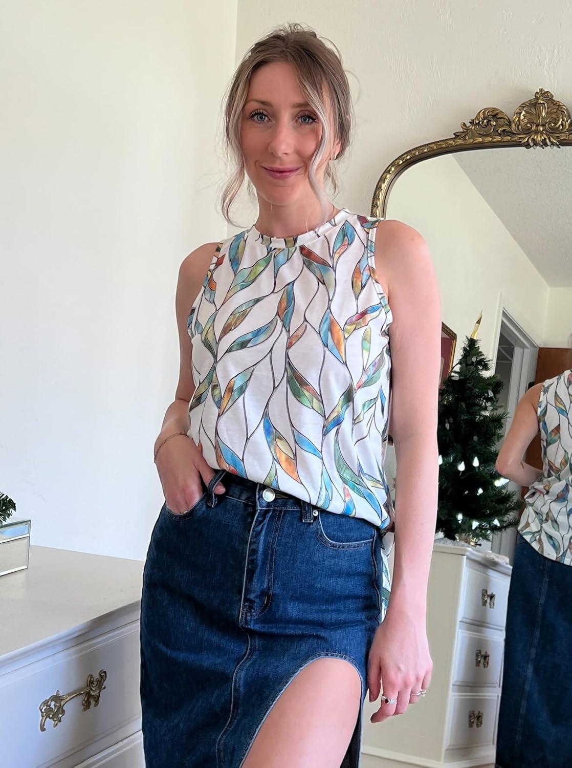 imageXIEERDUO Womens Tank Tops Crewneck Loose Fit Basic Casual Summer Side Split Sleeveless ShirtsDwhite Print