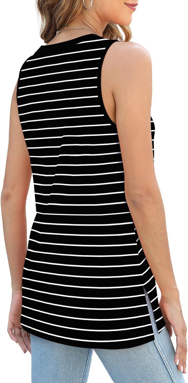 imageXIEERDUO Womens Tank Tops Crewneck Loose Fit Basic Casual Summer Side Split Sleeveless ShirtsEablack Stripe