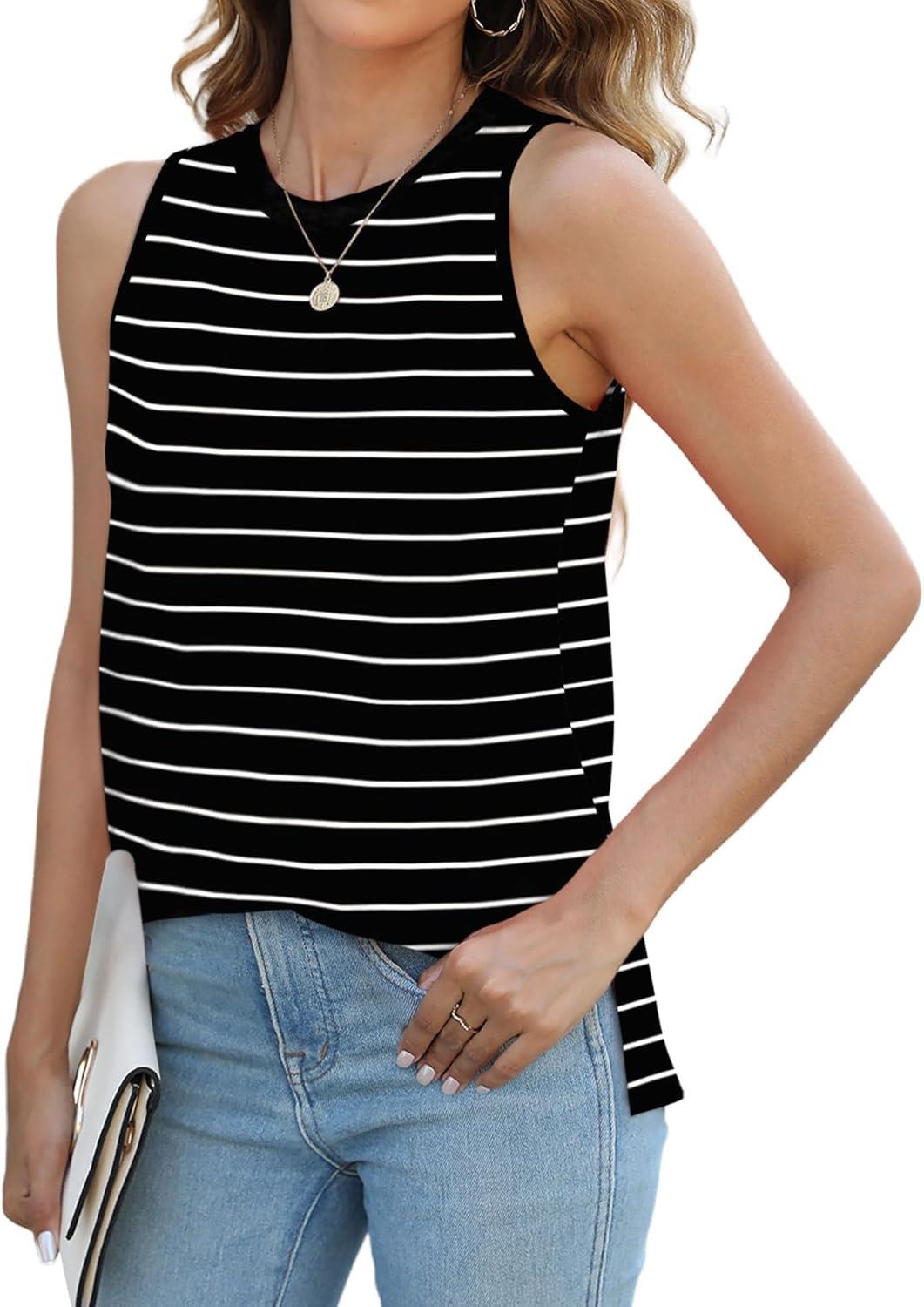 imageXIEERDUO Womens Tank Tops Crewneck Loose Fit Basic Casual Summer Side Split Sleeveless ShirtsEablack Stripe