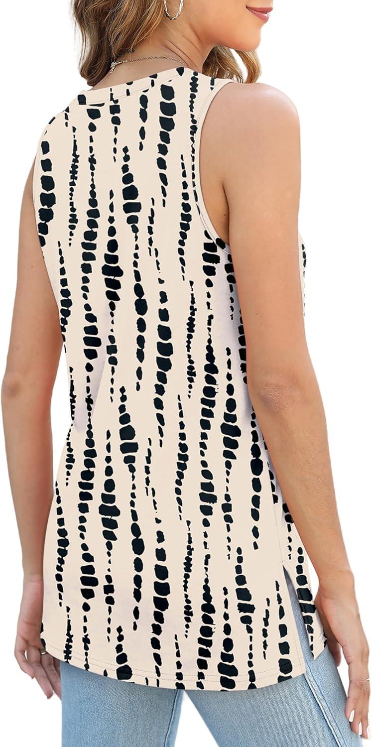 imageXIEERDUO Womens Tank Tops Crewneck Loose Fit Basic Casual Summer Side Split Sleeveless ShirtsEbkhaki Printed