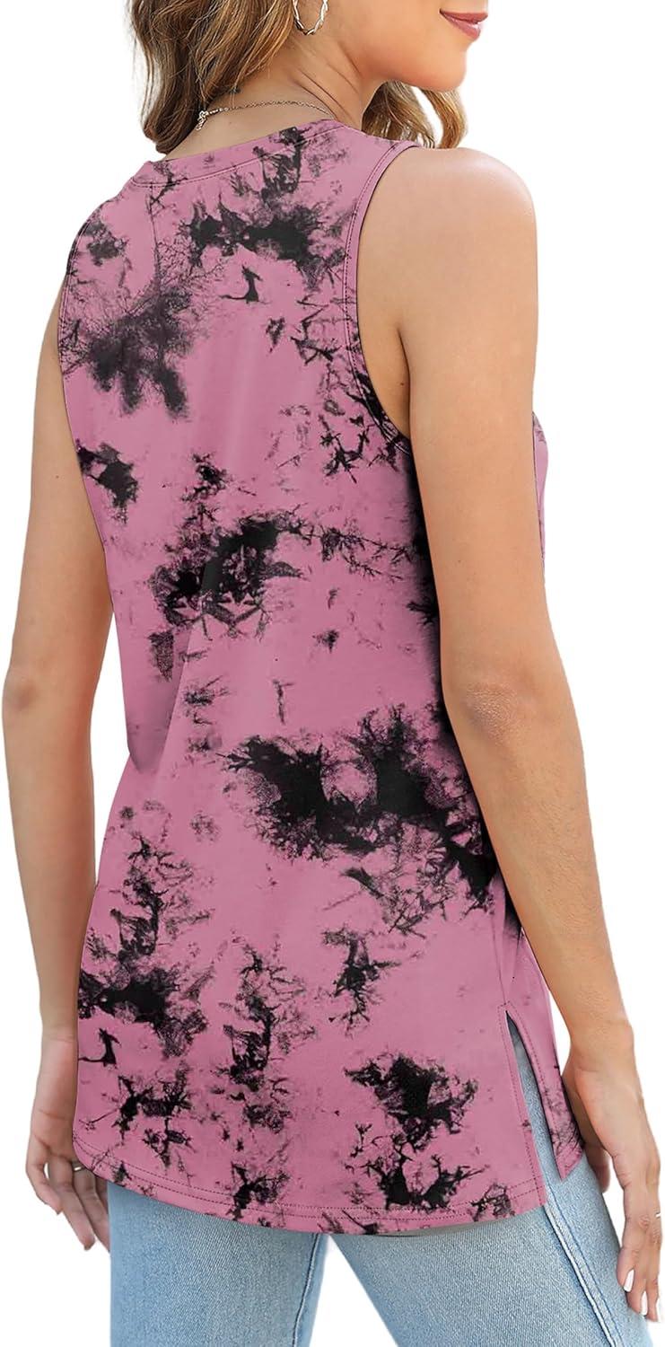 imageXIEERDUO Womens Tank Tops Crewneck Loose Fit Basic Casual Summer Side Split Sleeveless ShirtsEbpink Tie Dye