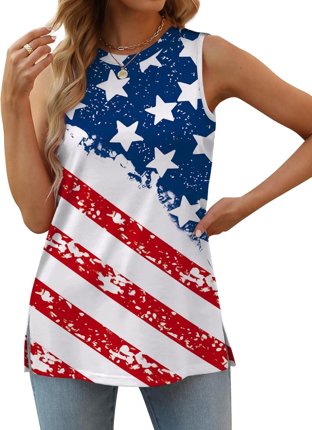 imageXIEERDUO Womens Tank Tops Crewneck Loose Fit Basic Casual Summer Side Split Sleeveless ShirtsEdwhite Flag