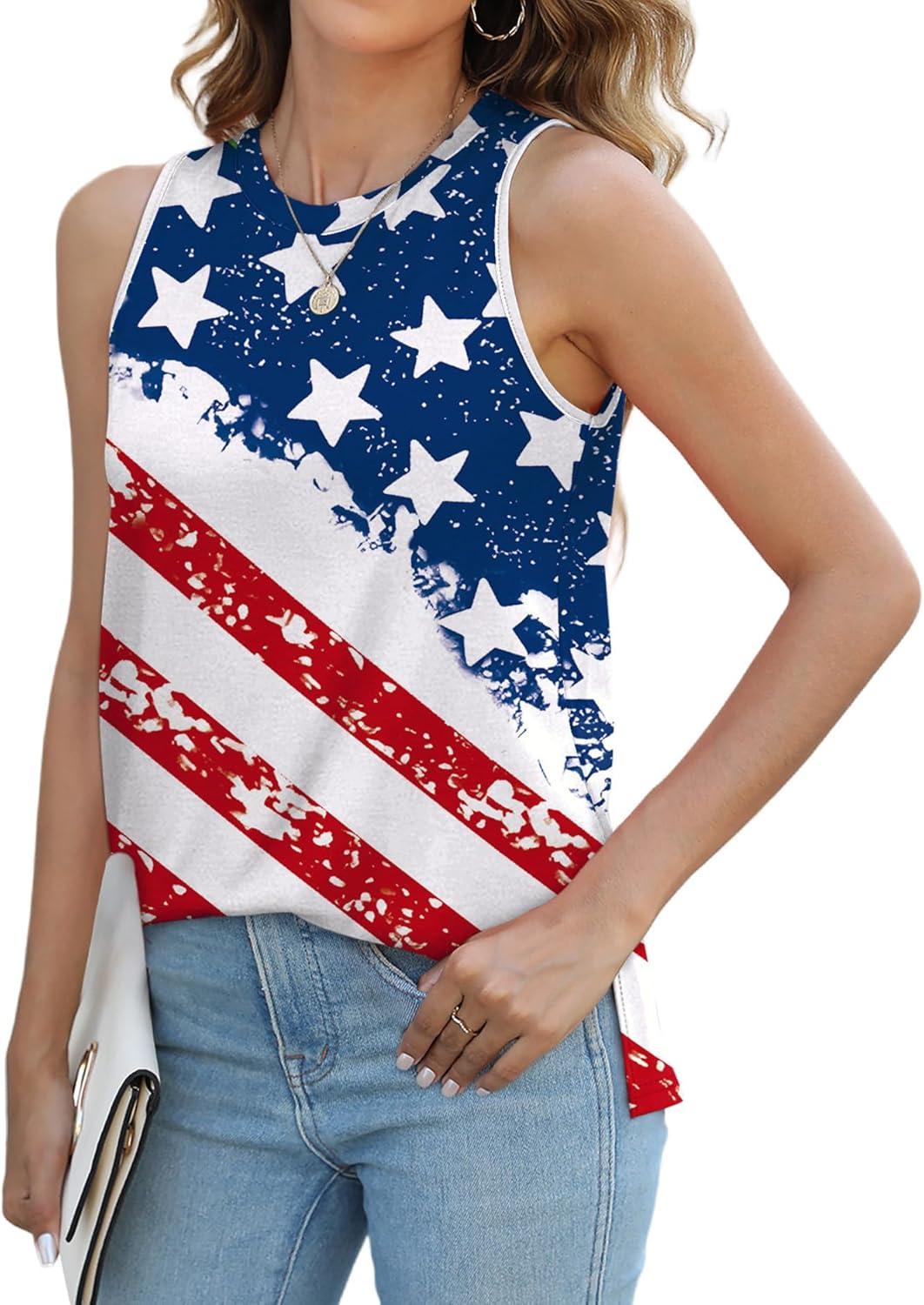 imageXIEERDUO Womens Tank Tops Crewneck Loose Fit Basic Casual Summer Side Split Sleeveless ShirtsEdwhite Flag