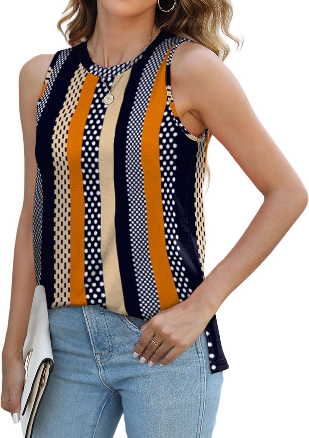 imageXIEERDUO Womens Tank Tops Crewneck Loose Fit Basic Casual Summer Side Split Sleeveless ShirtsEkhaki Stripe