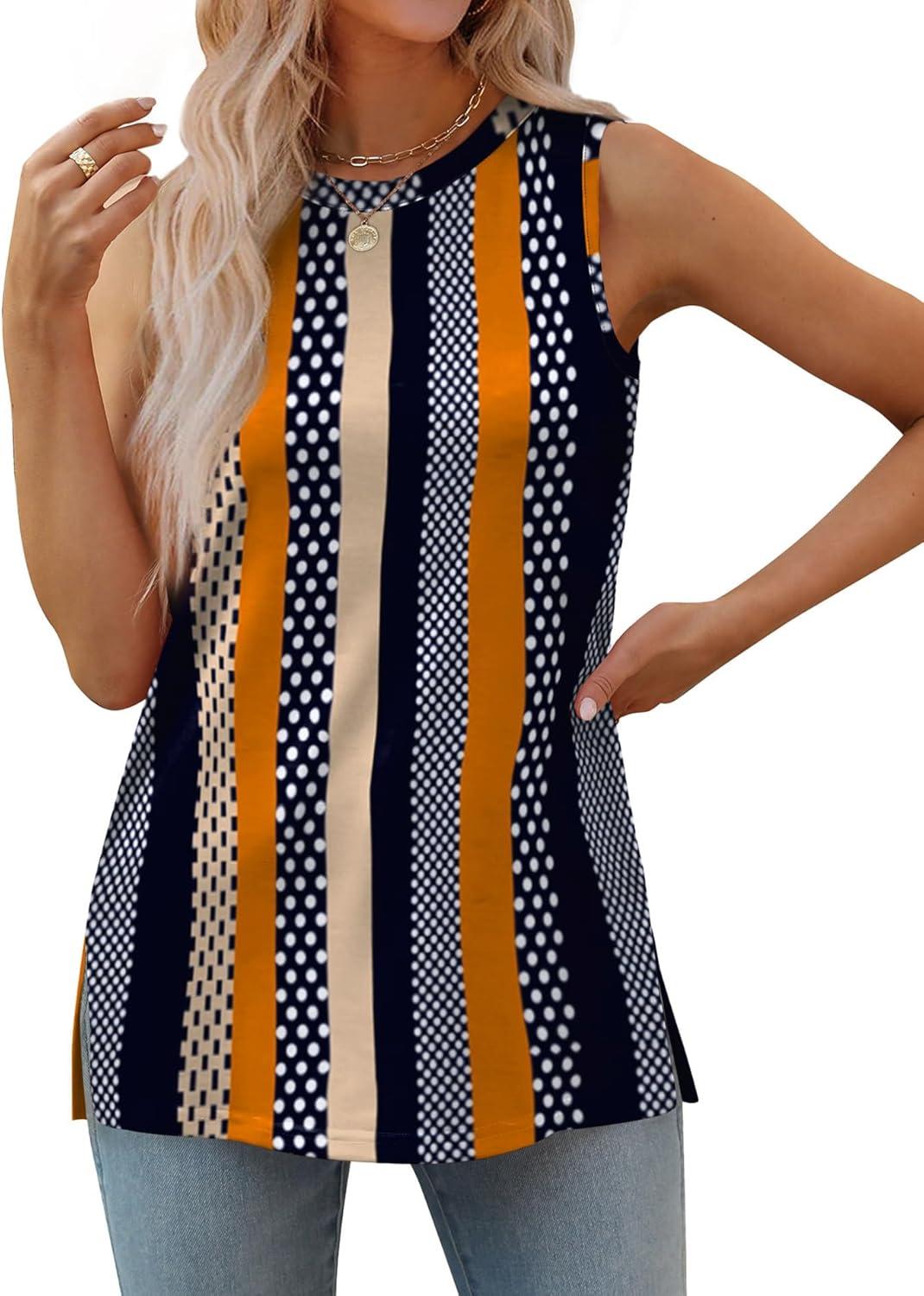 imageXIEERDUO Womens Tank Tops Crewneck Loose Fit Basic Casual Summer Side Split Sleeveless ShirtsEkhaki Stripe