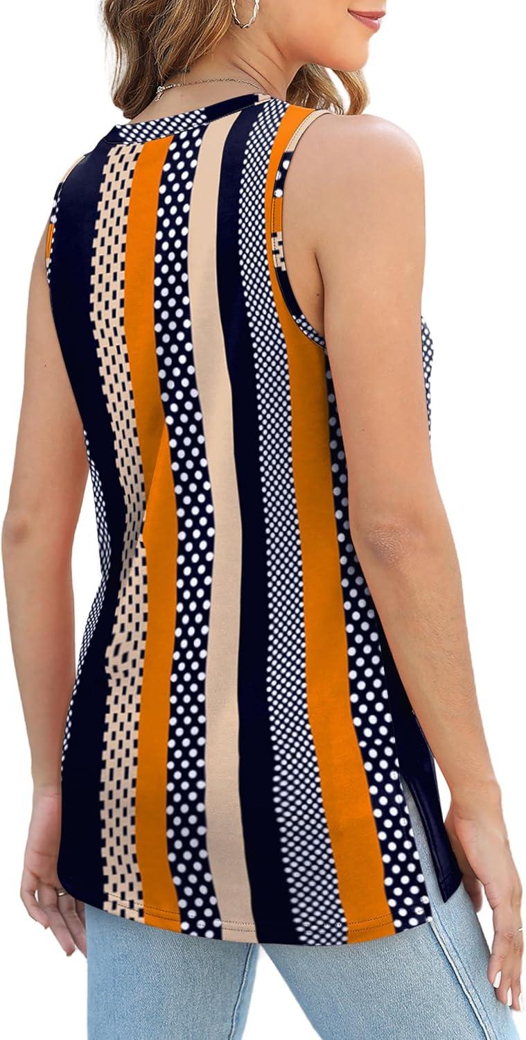 imageXIEERDUO Womens Tank Tops Crewneck Loose Fit Basic Casual Summer Side Split Sleeveless ShirtsEkhaki Stripe