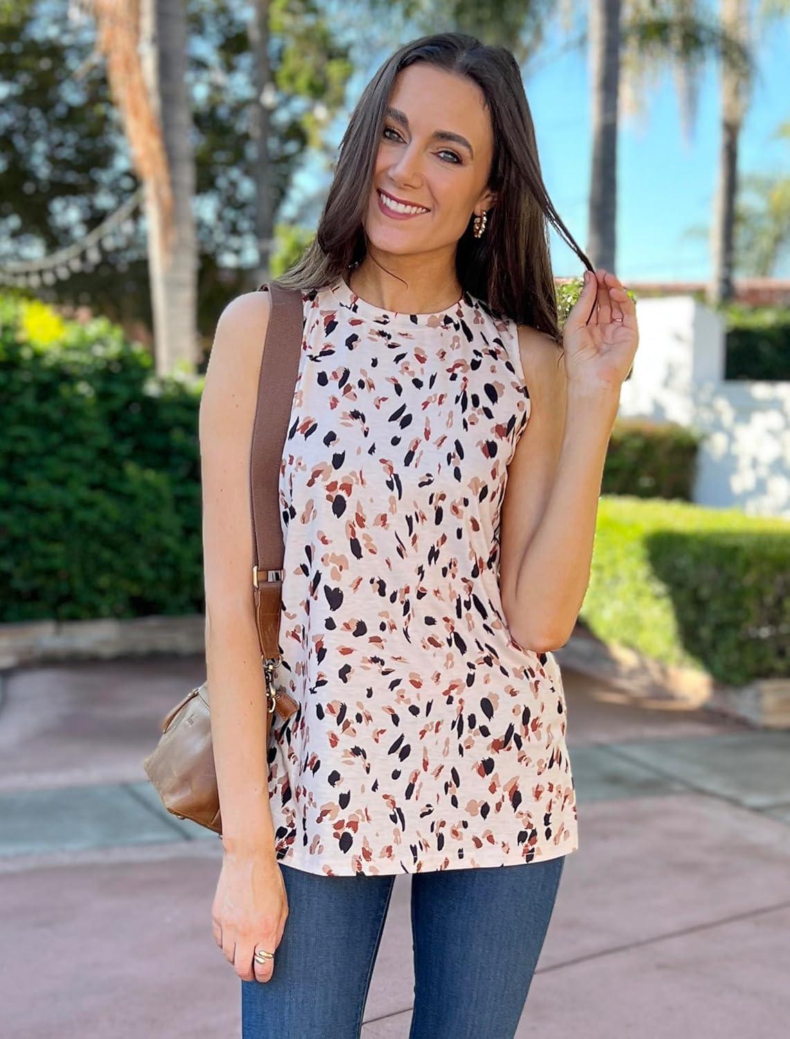 imageXIEERDUO Womens Tank Tops Crewneck Loose Fit Basic Casual Summer Side Split Sleeveless ShirtsFapricot Dot