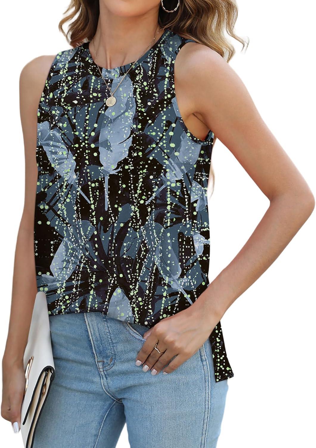 imageXIEERDUO Womens Tank Tops Crewneck Loose Fit Basic Casual Summer Side Split Sleeveless ShirtsGcadetblue