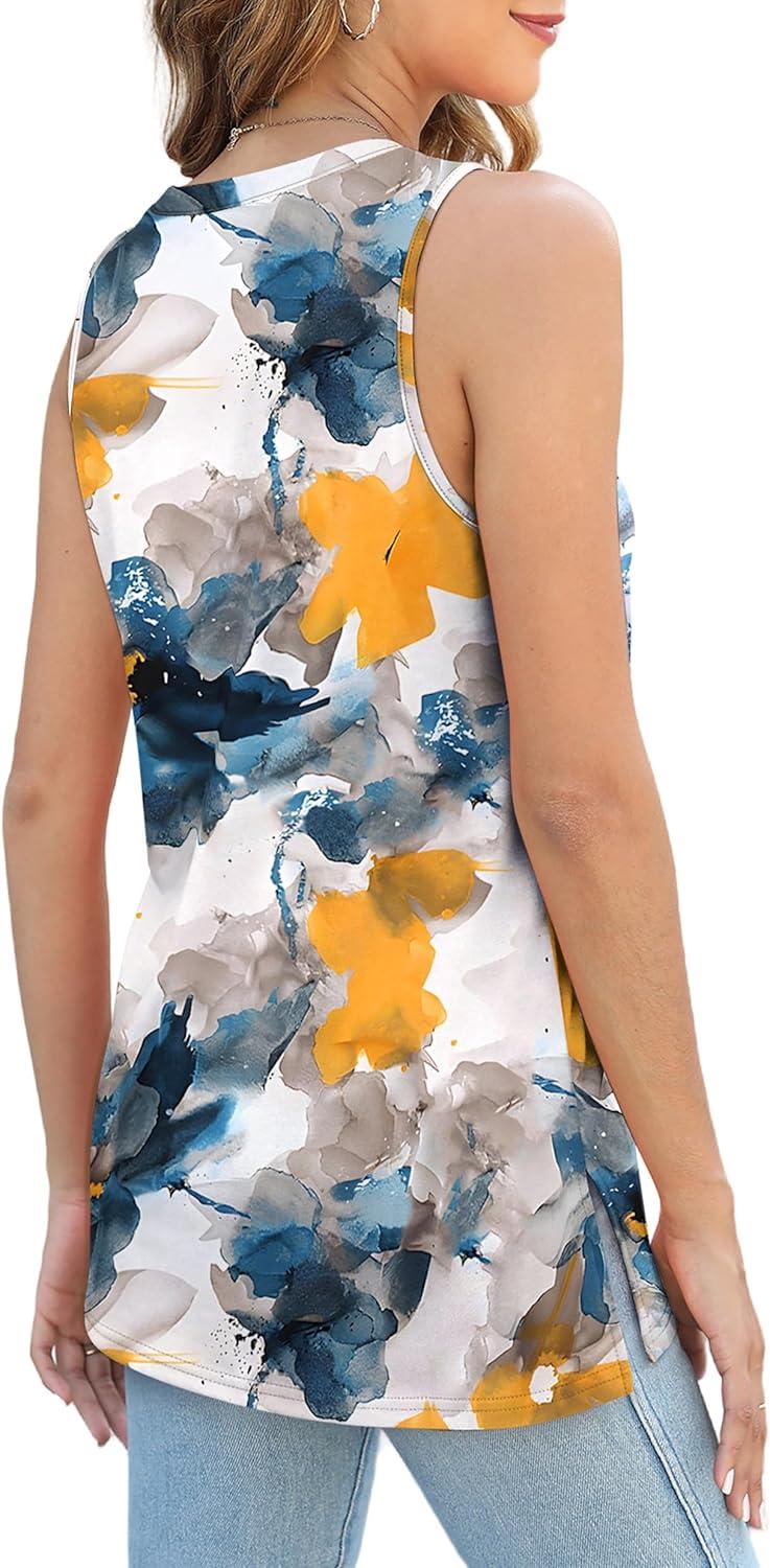 imageXIEERDUO Womens Tank Tops Crewneck Loose Fit Basic Casual Summer Side Split Sleeveless ShirtsGtie Dye Flower