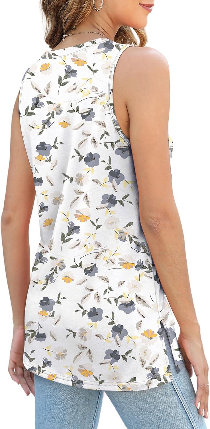 imageXIEERDUO Womens Tank Tops Crewneck Loose Fit Basic Casual Summer Side Split Sleeveless ShirtsGwhite Flower